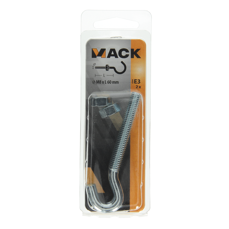 Mack 1017812 - gancho tornillo métrico + tuerca galvanizada 2uds m8 x 60 mm | 10 piezas