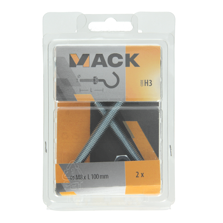 Mack 1017814 - gancho tornillo métrico + tuerca galvanizada 2uds m8 x 100 mm | 5 piezas
