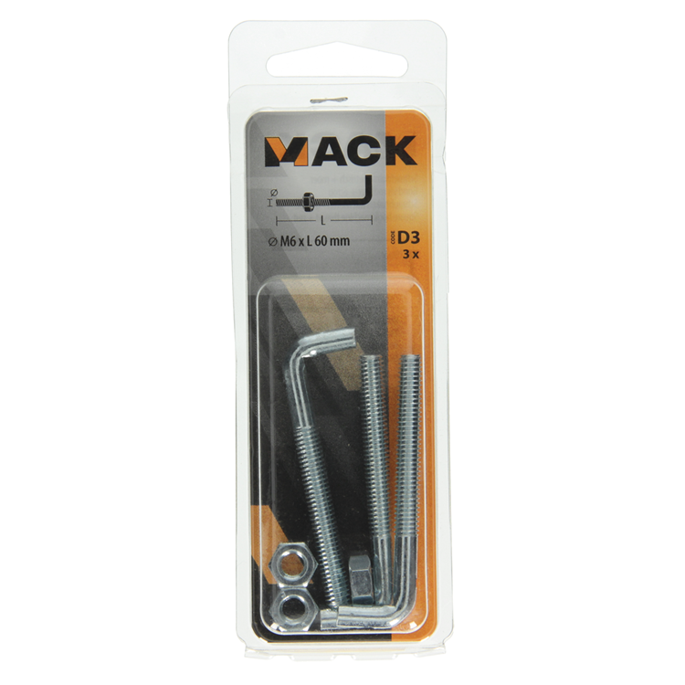 Mack 1017836 - tornillo pulgada métrico + tuerca acero 3 piezas m6 x 60 mm | 10 piezas