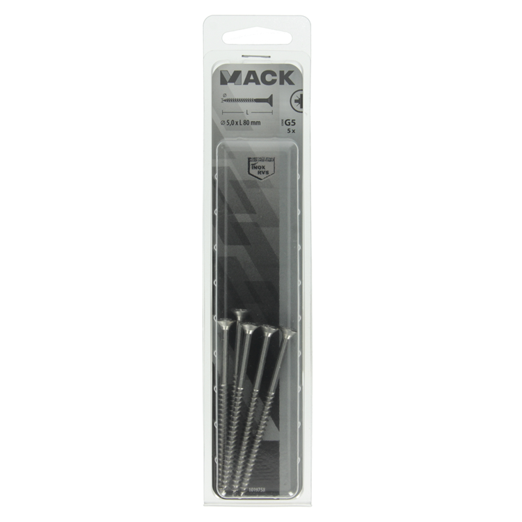 Mack 1019758 - tornillo para aglomerado cabeza vz acero inoxidable 5 piezas 5,0 x 80 mm | 5 piezas