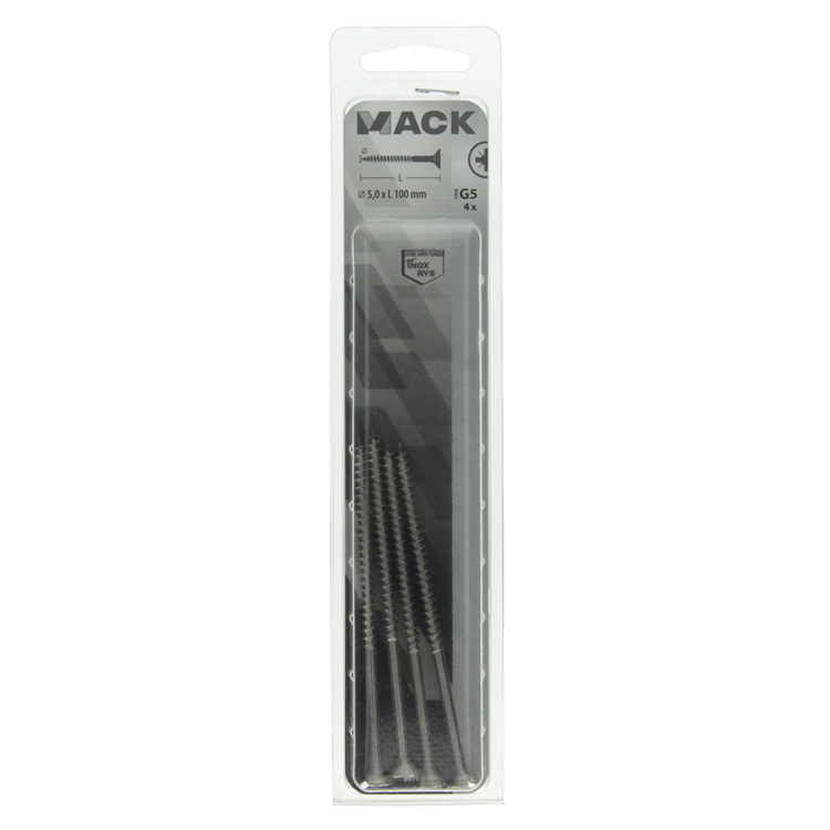 Mack 1019759 - tornillo aglomerado cabeza vz acero inoxidable 4 piezas 5,0 x100 mm | 5 piezas