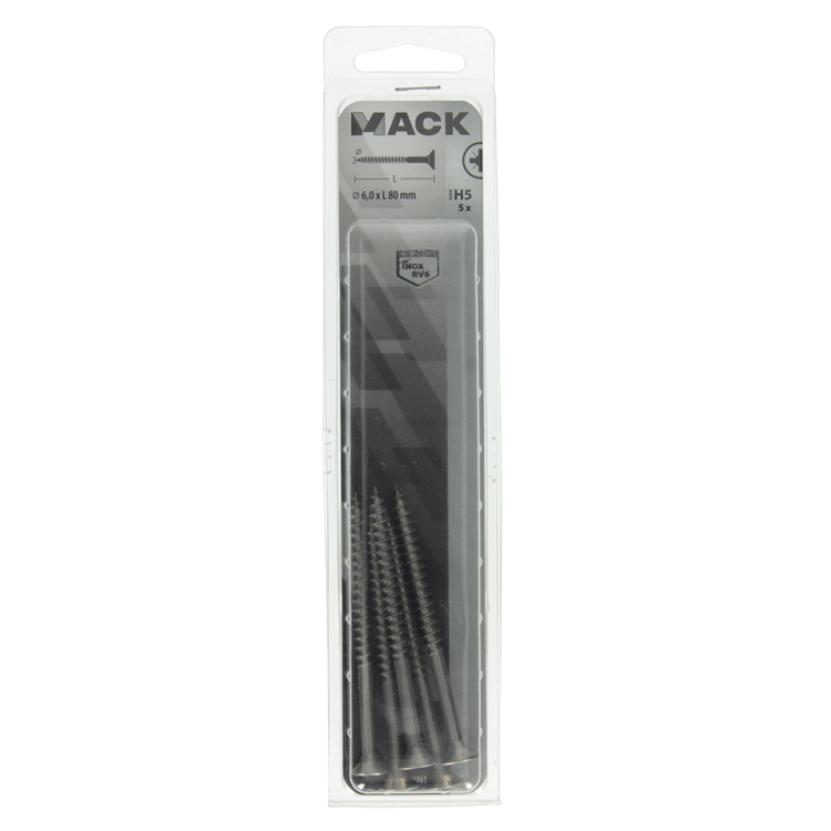 Mack 1019761 - tornillo para aglomerado cabeza vz acero inoxidable 5 piezas 6,0 x 80 mm | 5 piezas