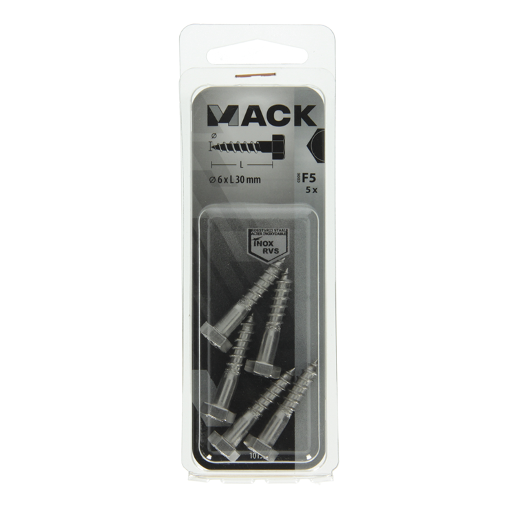 Mack 1019763 - perno roscado para madera acero inoxidable 5 piezas 6 x 30 mm | 10 piezas