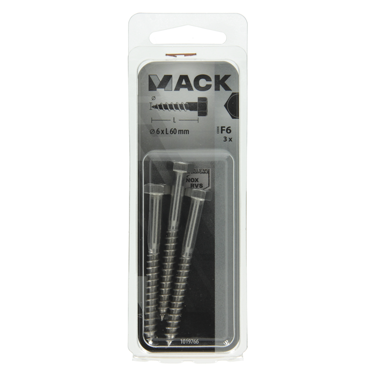 Mack 1019766 - perno roscado para madera acero inoxidable 3 piezas 6 x 60 mm | 10 piezas