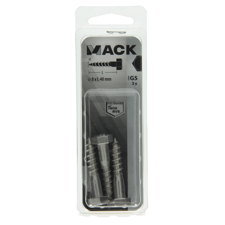 Mack 1019767 - perno roscado para madera acero inoxidable 3 piezas 8 x 40 mm | 10 piezas