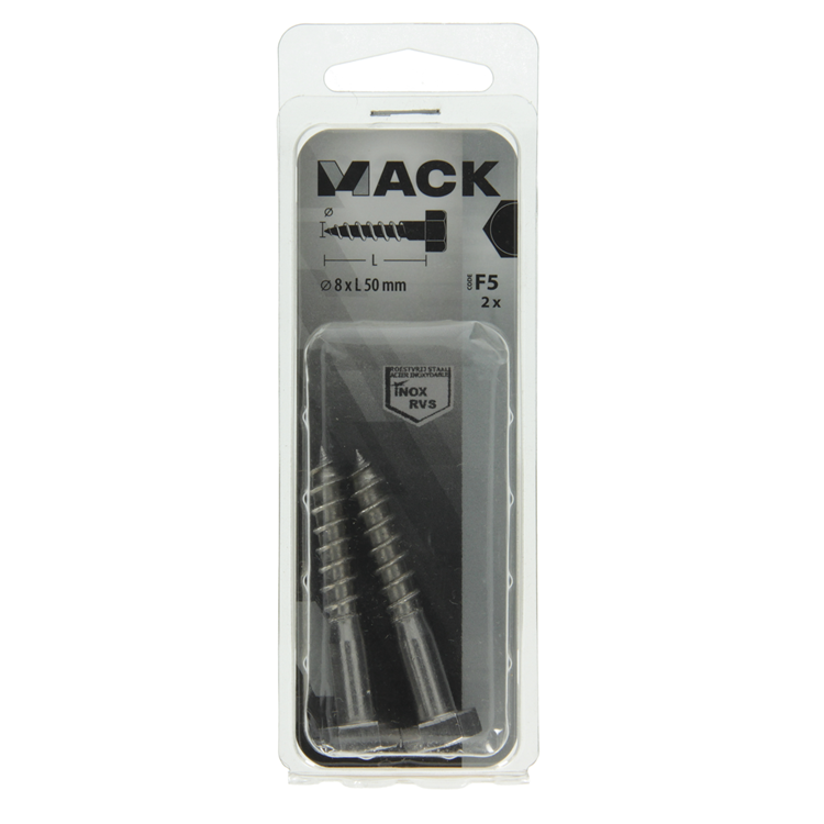 Mack 1019768 - perno roscado para madera acero inoxidable 2 piezas 8 x 50 mm | 10 piezas