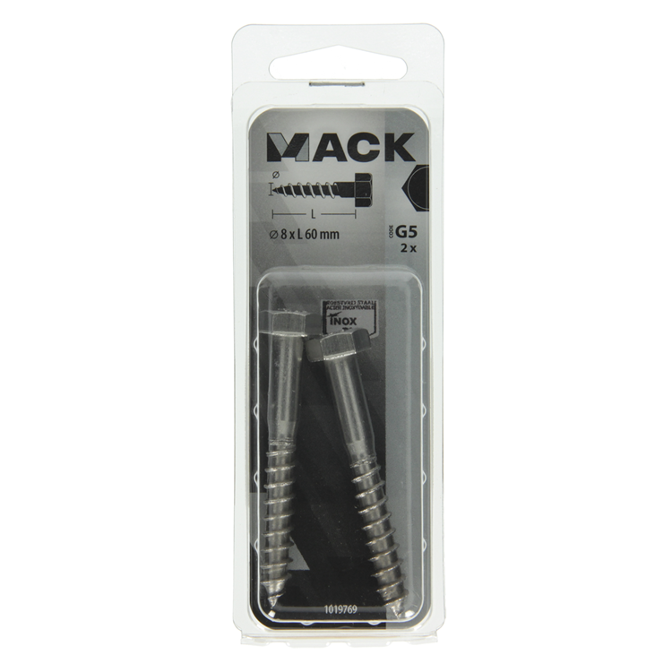 Mack 1019769 - perno roscado para madera acero inoxidable 2 piezas 8 x 60 mm | 10 piezas