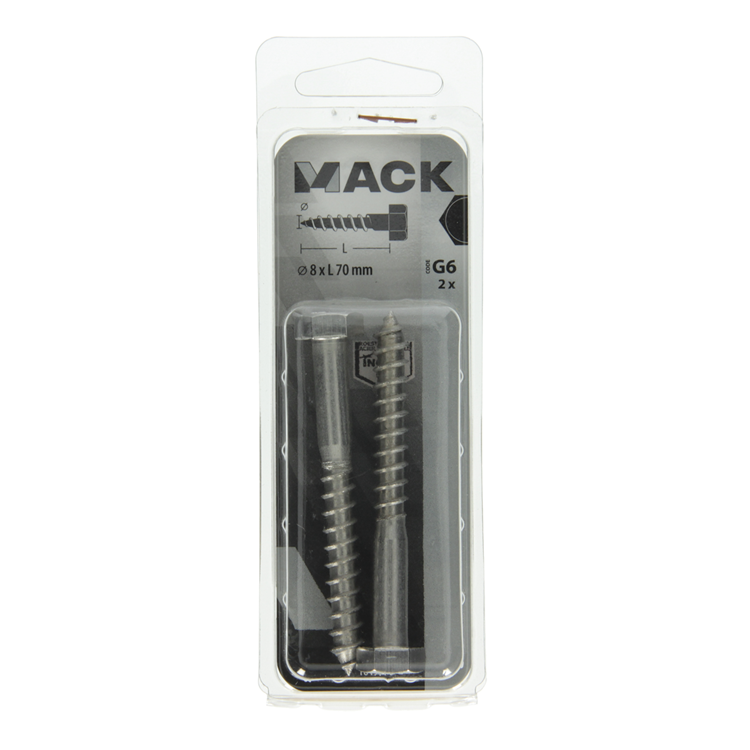 Mack 1019770 - perno roscado para madera acero inoxidable 2 piezas 8 x 70 mm | 10 piezas