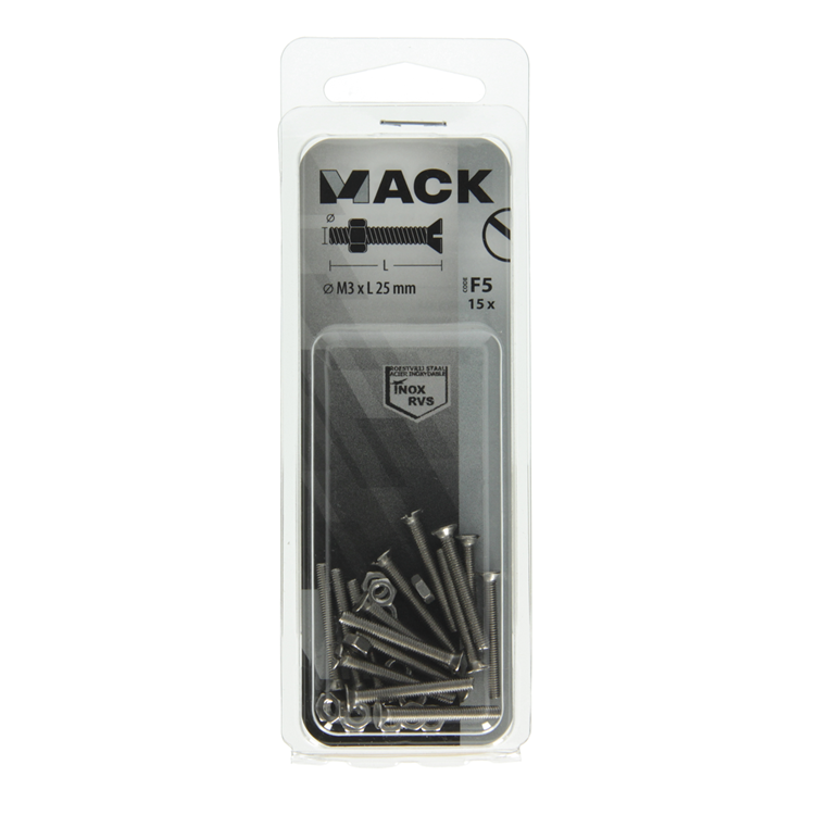 Mack 1019803 - tornillo metálico galvanizado. cabeza + tuerca acero inoxidable 15 pzs m3x25 | 10 piezas