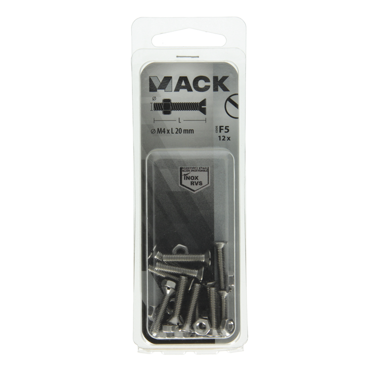 Mack 1019806 - tornillo metálico galvanizado. cabeza + tuerca acero inoxidable 12 pzs m4x20 | 10 piezas