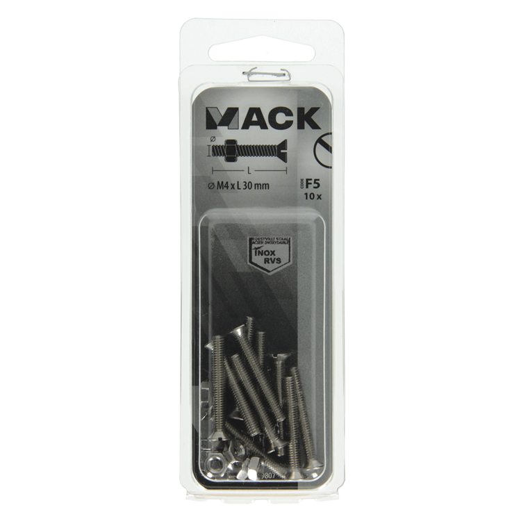 Mack 1019807 - tornillo metálico galvanizado. cabeza + tuerca acero inoxidable 10 pzs m4x30 | 10 piezas