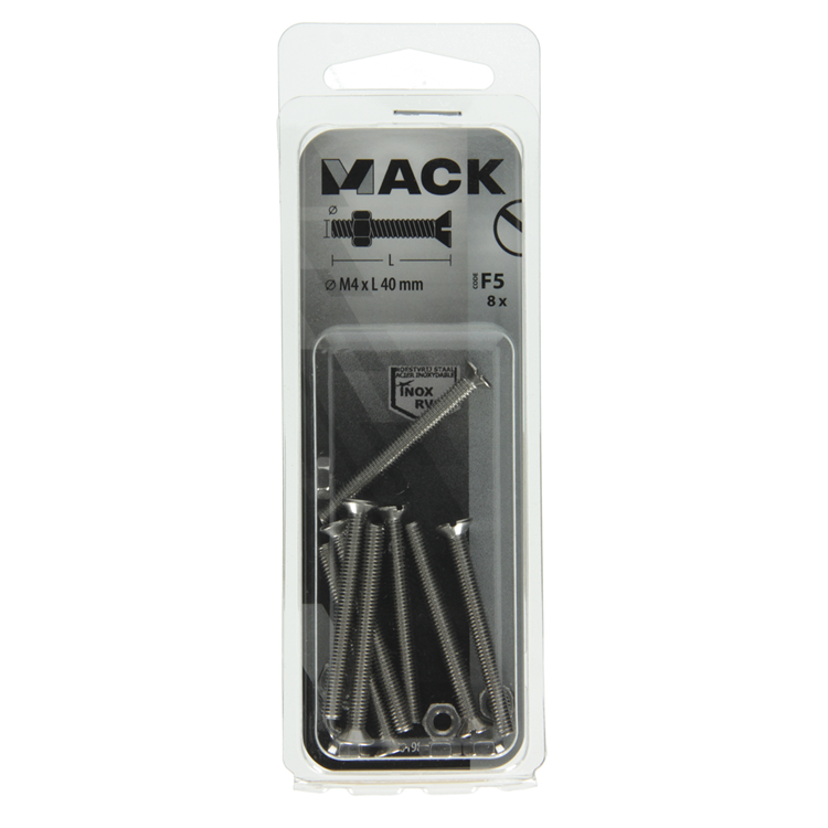 Mack 1019808 - tornillo metálico galvanizado. cabeza + tuerca acero inoxidable 8 pzs m4x40 | 10 piezas