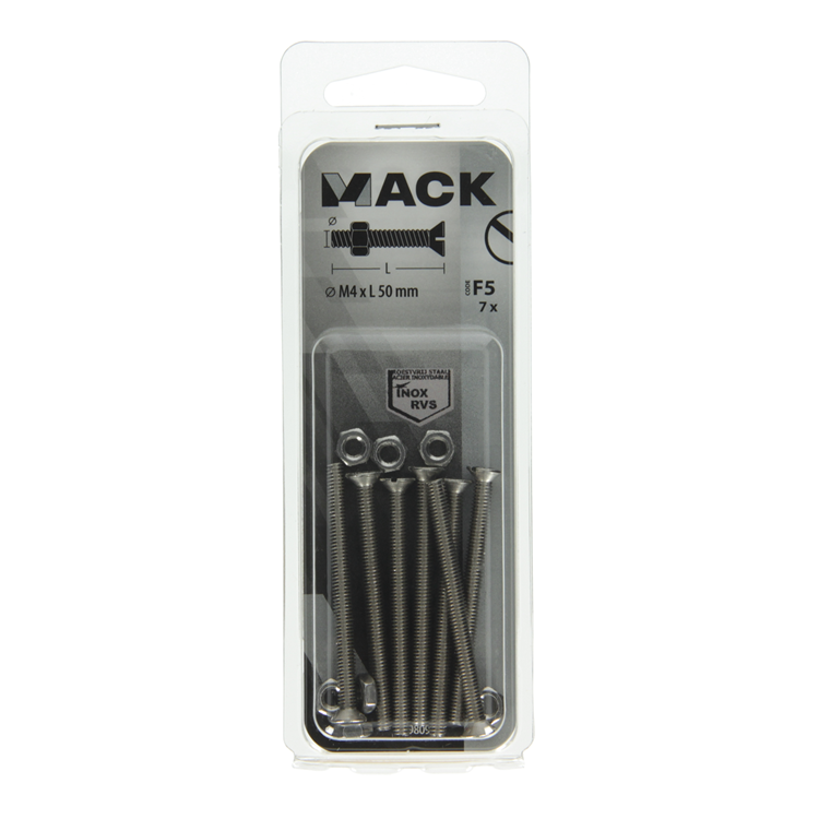 Mack 1019809 - tornillo metálico galvanizado. cabeza + tuerca acero inoxidable 7 pzs m4x50 | 10 piezas