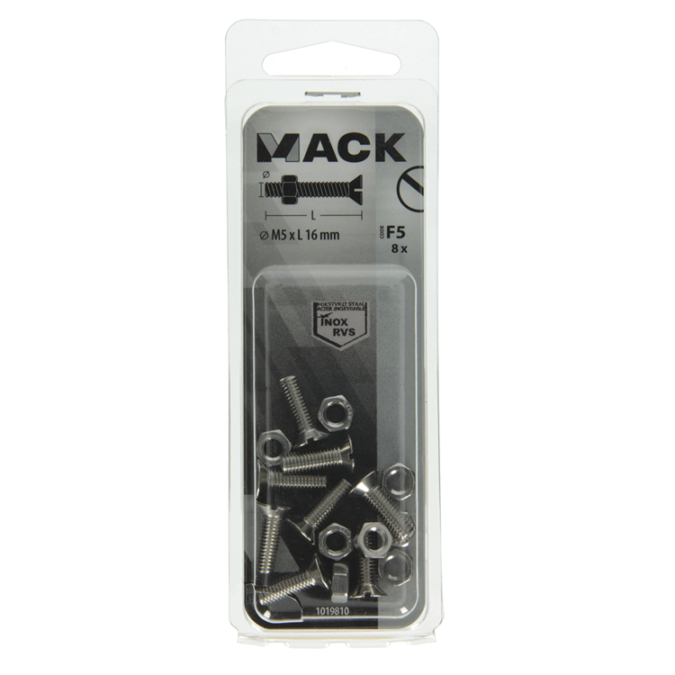 Mack 1019810 - tornillo metálico galvanizado. cabeza + tuerca acero inoxidable 8 pzs m5x16 | 10 piezas