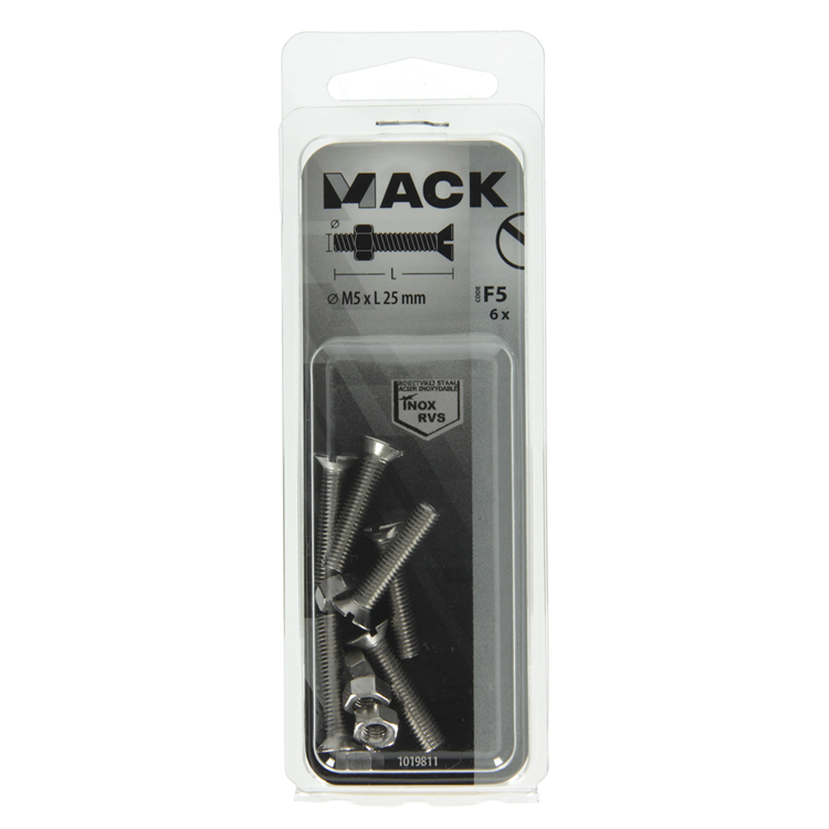 Mack 1019811 - tornillo metálico galvanizado. cabeza + tuerca acero inoxidable 6 pzs m5x25 | 10 piezas