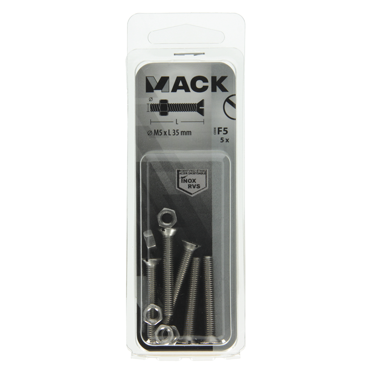 Mack 1019812 - tornillo metálico galvanizado. cabeza + tuerca acero inoxidable 5 pzs m5x35 | 10 piezas