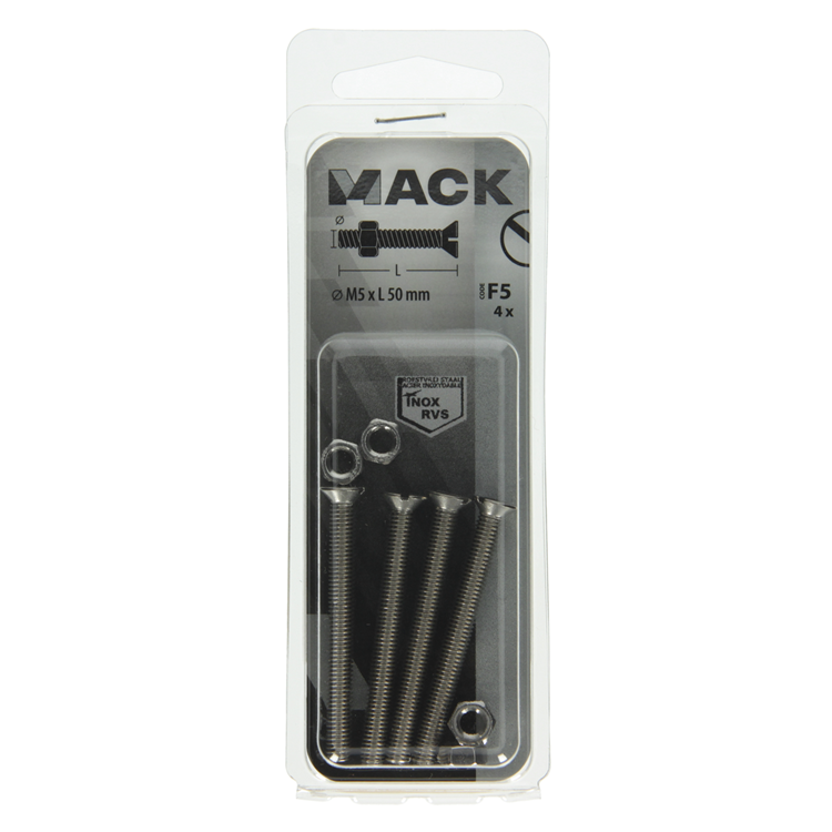 Mack 1019813 - tornillo metálico galvanizado. cabeza + tuerca acero inoxidable 4 pzs m5x50 | 10 piezas