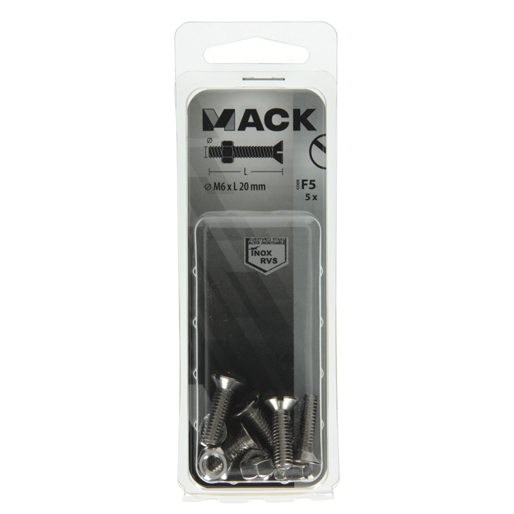 Mack 1019814 - tornillo metálico galvanizado. cabeza + tuerca acero inoxidable 5 pzs m6x20 | 10 piezas