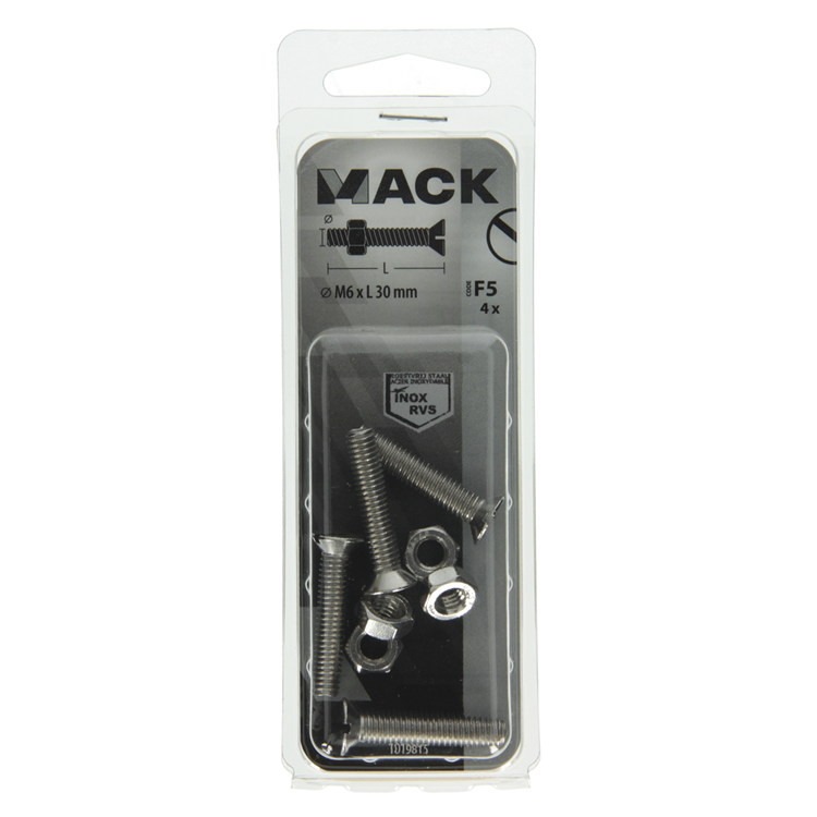 Mack 1019815 - tornillo metálico galvanizado. cabeza + tuerca acero inoxidable 4 pzs m6x30 | 10 piezas