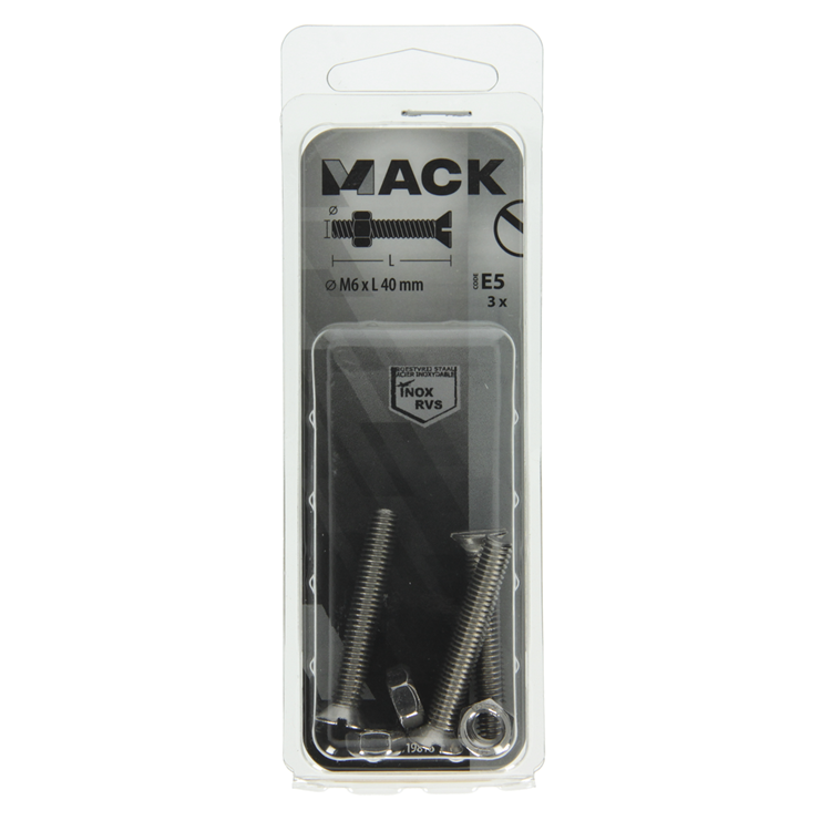 Mack 1019816 - tornillo metálico galvanizado. cabeza + tuerca acero inoxidable 3 piezas m6x40 | 10 piezas