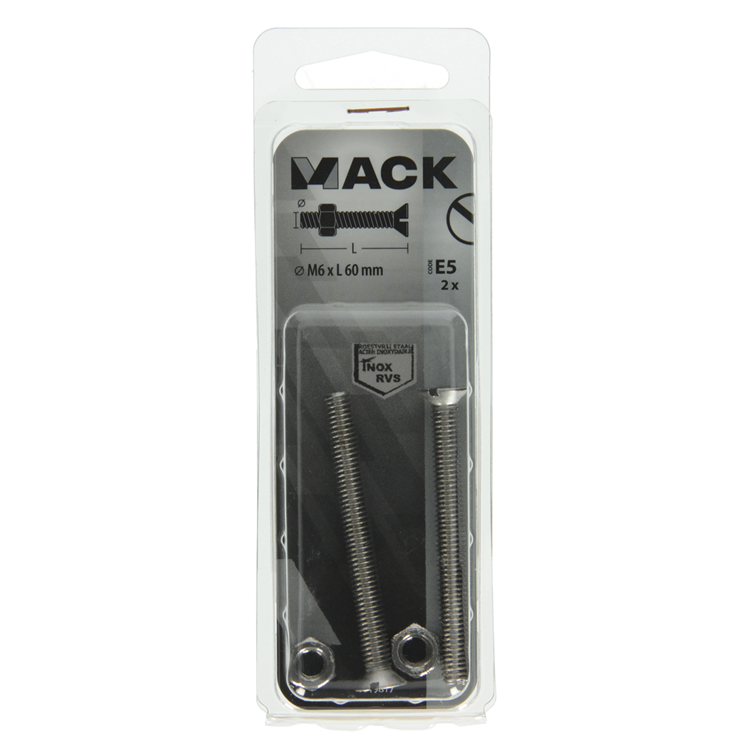 Mack 1019817 - tornillo metálico galvanizado. cabeza + tuerca acero inoxidable 2 uds m6x60 | 10 piezas