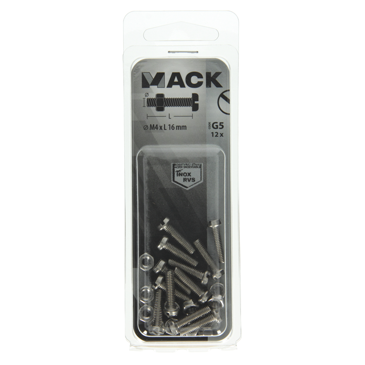 Mack 1019819 - cilindro de tornillo metálico. cabeza + tuerca acero inoxidable 12 pzs m4x16 | 10 piezas