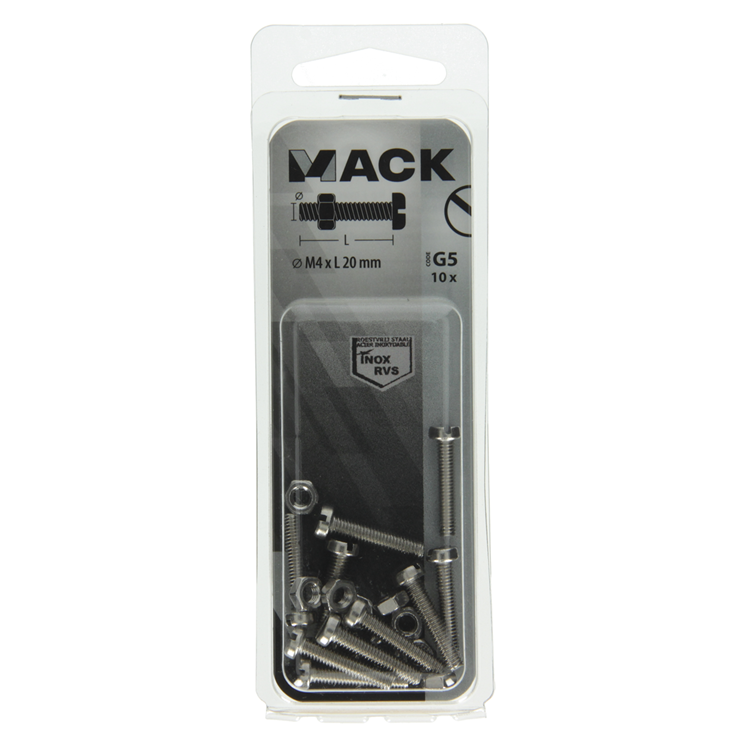 Mack 1019820 - cilindro de tornillo metálico. cabeza + tuerca acero inoxidable 10 pzs m4x20 | 10 piezas