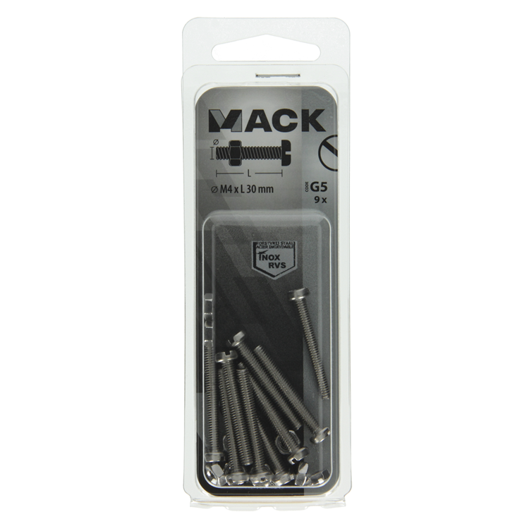 Mack 1019821 - cilindro de tornillo metálico. cabeza + tuerca acero inoxidable 9 pzs m4x30 | 10 piezas