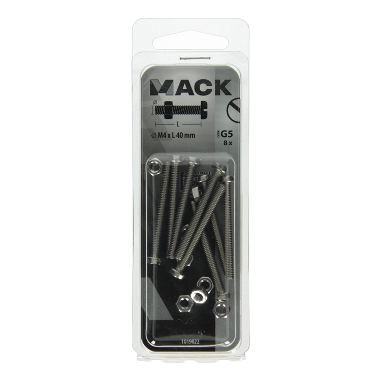 Mack 1019822 - cilindro de tornillo metálico. cabeza + tuerca acero inoxidable 8 pzs m4x40 | 10 piezas