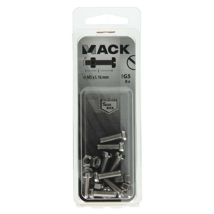 Mack 1019824 - cilindro de tornillo metálico. cabeza + tuerca acero inoxidable 8 pzs m5x16 | 10 piezas