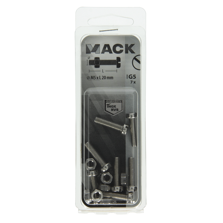 Mack 1019825 - cilindro de tornillo metálico. cabeza + tuerca acero inoxidable 7 pzs m5x20 | 10 piezas