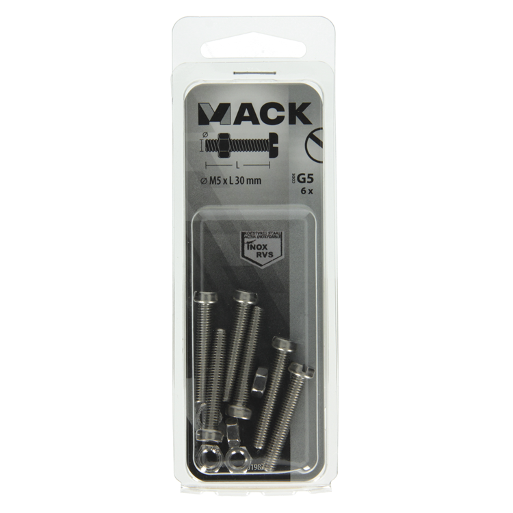 Mack 1019826 - cilindro de tornillo metálico. cabeza + tuerca acero inoxidable 6 piezas m5x30 | 10 piezas