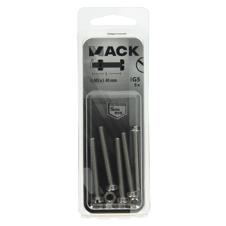 Mack 1019827 - cilindro de tornillo metálico. cabeza + tuerca acero inoxidable 5 pzs m5x40 | 10 piezas