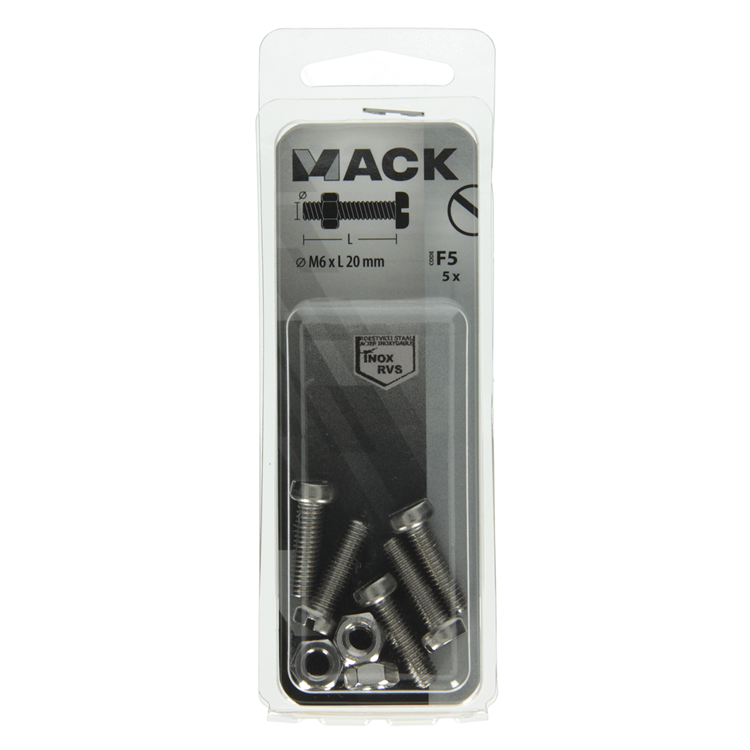 Mack 1019829 - cilindro de tornillo metálico. cabeza + tuerca acero inoxidable 5 pzs m6x20 | 10 piezas