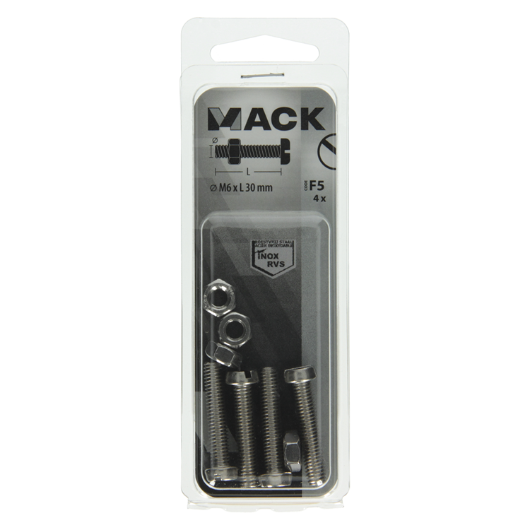 Mack 1019830 - cilindro de tornillo metálico. cabeza + tuerca acero inoxidable 4 pzs m6x30 | 10 piezas