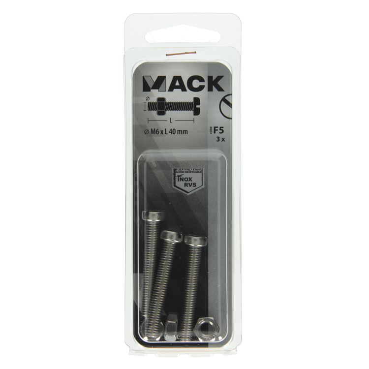 Mack 1019831 - cilindro de tornillo metálico. cabeza + tuerca acero inoxidable 3 piezas m6x40 | 10 piezas