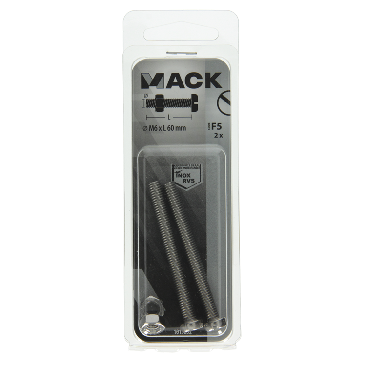 Mack 1019832 - cilindro de tornillo metálico. cabeza + tuerca acero inoxidable 2 uds m6x60 | 10 piezas