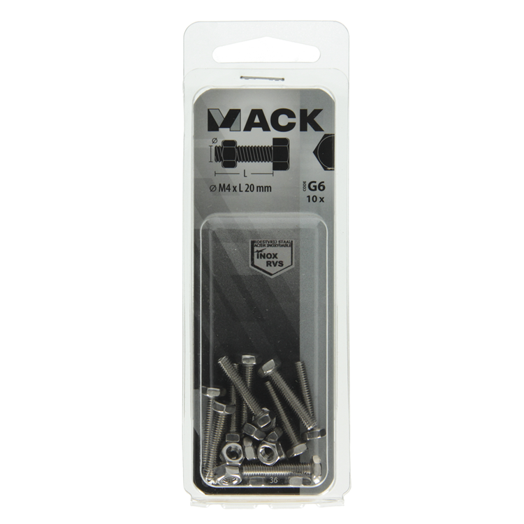Mack 1019836 - perno grifo + tuerca acero inoxidable 10 piezas m4x20 | 10 piezas