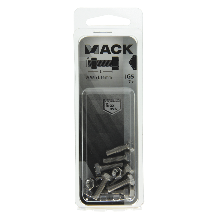 Mack 1019837 - perno grifo + tuerca acero inoxidable 7 piezas m5x16 | 10 piezas