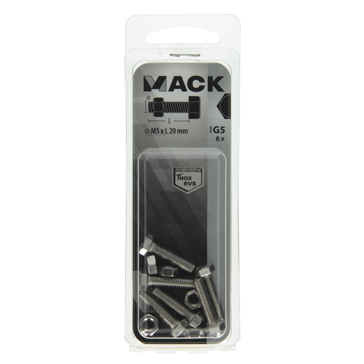 Mack 1019838 - perno grifo + tuerca acero inoxidable 6 piezas m5x20 | 10 piezas