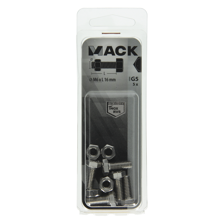 Mack 1019841 - perno grifo + tuerca acero inoxidable 5 piezas m6x16 | 10 piezas