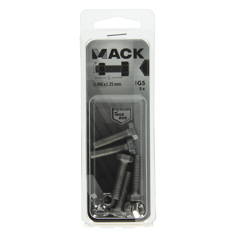 Mack 1019842 - perno grifo + tuerca acero inoxidable 5 piezas m6x25 | 10 piezas