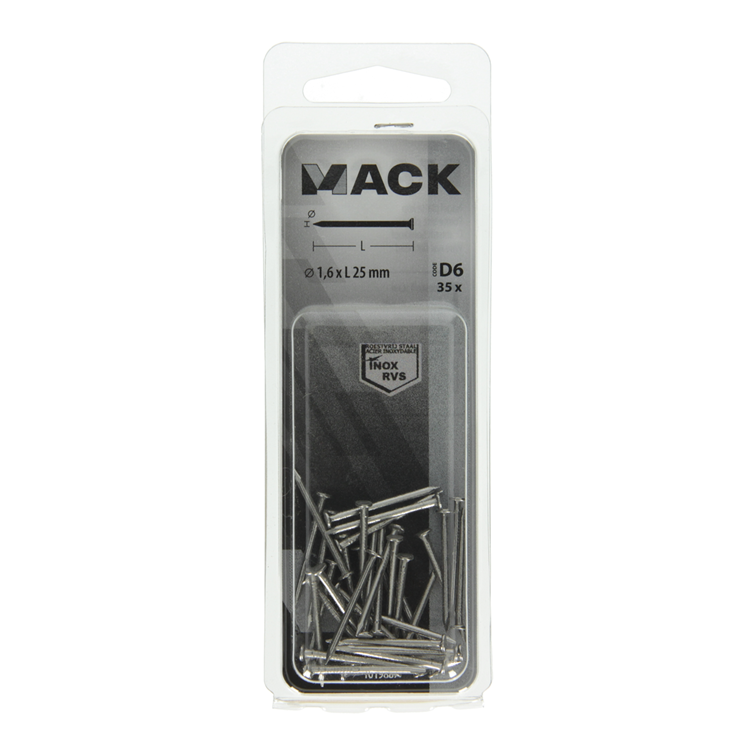 Mack 1019887 - clavo cabeza plana acero inoxidable a2 35 piezas 1,6 x 25 mm | 10 piezas