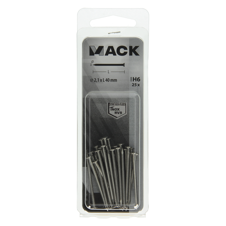 Mack 1019888 - clavo cabeza plana acero inoxidable a2 25 uds2,1 x 40 mm | 10 piezas