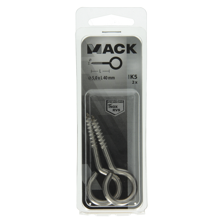 Mack 1019894 - ojo de tornillo acero inoxidable 2 piezas 5,0x40 mm | 10 piezas
