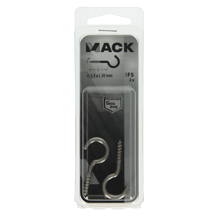 Mack 1019896 - gancho de tornillo de acero inoxidable 2 piezas 3,5 x 20 mm | 10 piezas