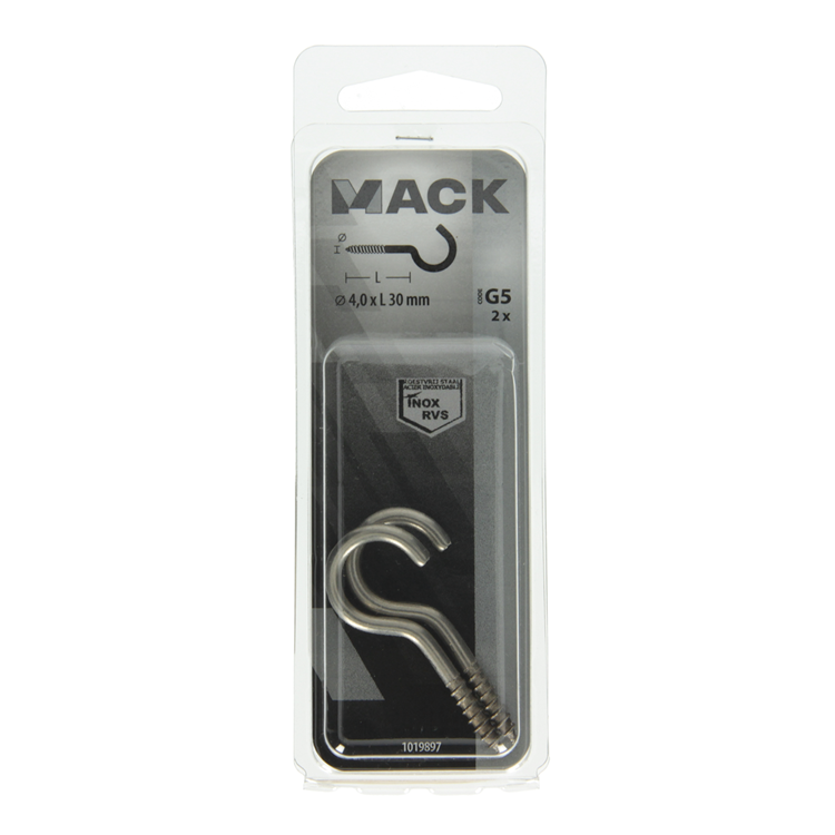 Mack 1019897 - gancho de tornillo acero inoxidable 2 piezas 4,0x30 mm | 10 piezas