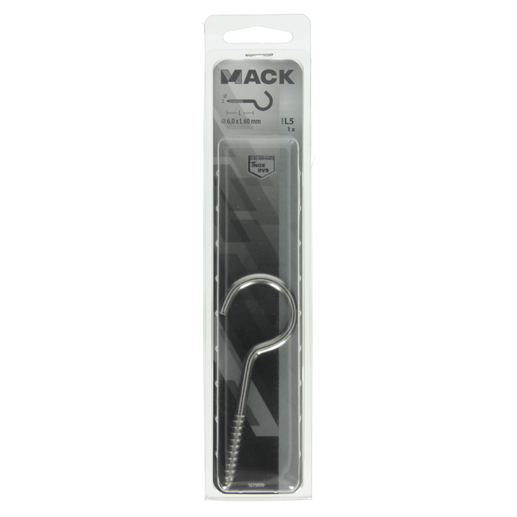 Mack 1019899 - gancho de tornillo acero inoxidable 1 ud 6,0x60 mm | 5 piezas