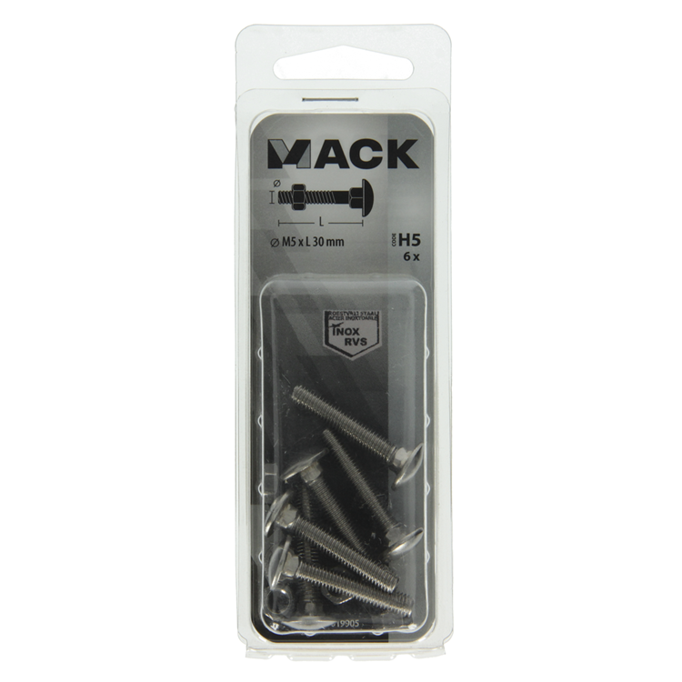 Mack 1019905 - perno madera + tuerca acero inoxidable 6uds m5x30 mm | 10 piezas