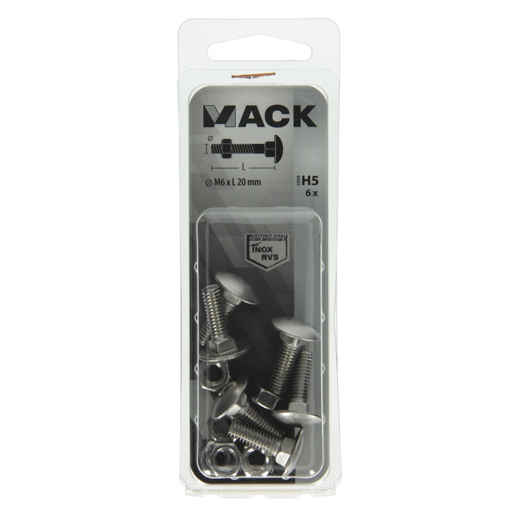 Mack 1019906 - perno madera + tuerca acero inoxidable 6uds m6x20 mm | 10 piezas